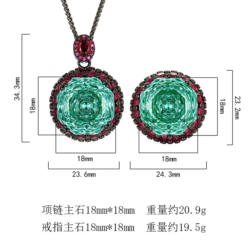 REDheart Fashion Brass Inlaid Zircon 18K Gold Plated Flower Design Black Opening Ring Women's Luxury Green Light Pendant Necklace Set