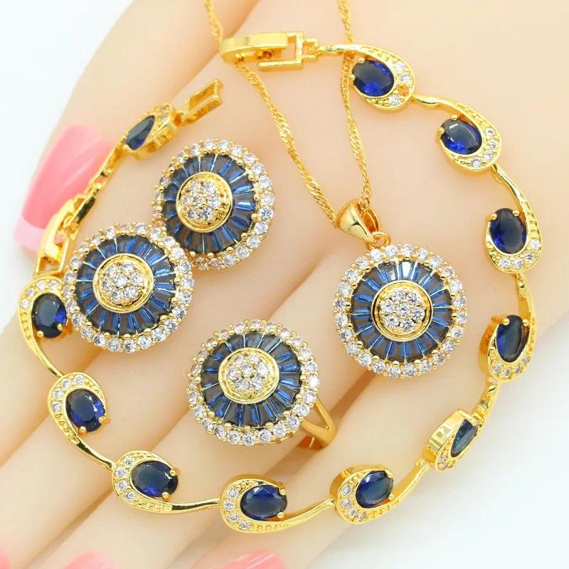 XOTICA New Design Gold Jewelry Set for Women Blue Crystal Stud Earrings Necklace Pendant Ring Bracelet Wedding Gift Box Zircon Main
