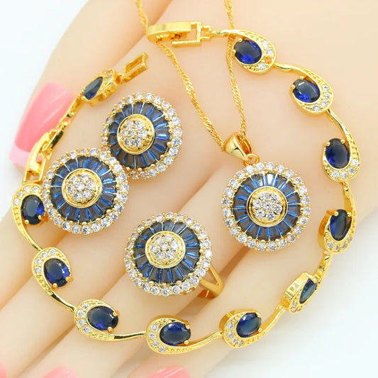 New Design Gold Jewelry Set for Women Blue Crystal Stud Earrings Necklace Pendant Ring Bracelet Wedding Gift Box Zircon Main
