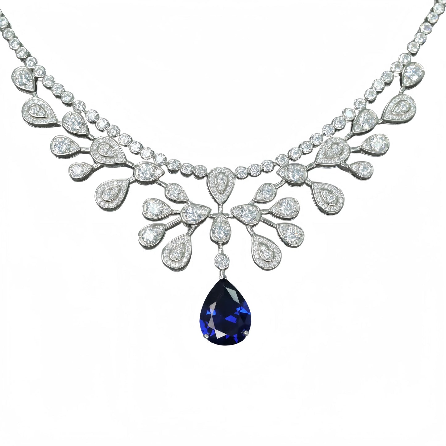 MUSHAN Jewelry Factory 925 Silver Necklaces Party Jewelry High Carbon Diamond and Water Drop Synthetic Sapphire Pendant Necklace