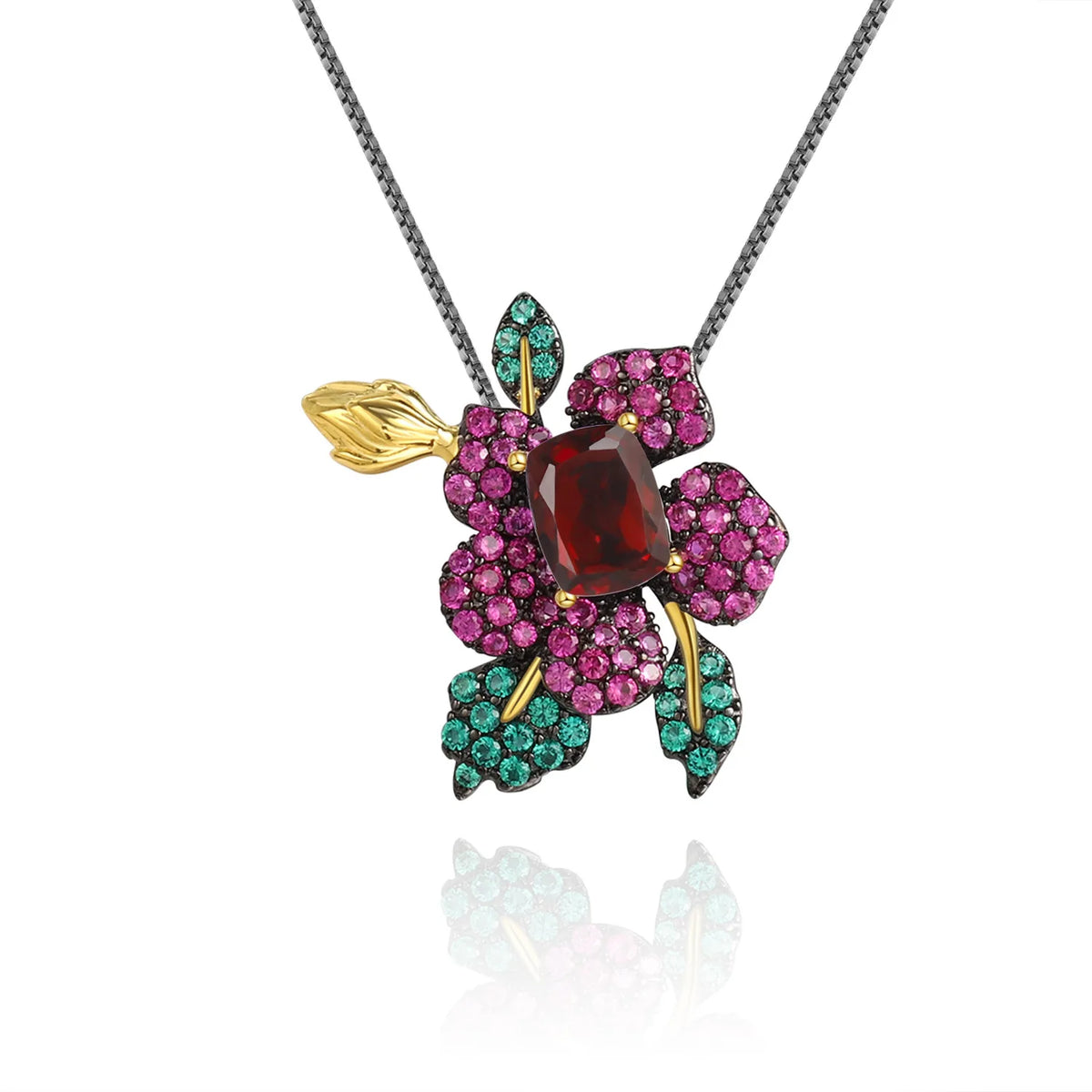 REDheart TIANSHE Design High-end Jewelry S925 Pure Silver Flower Brooch Pendant Natural Amethyst Ring Earrings Set