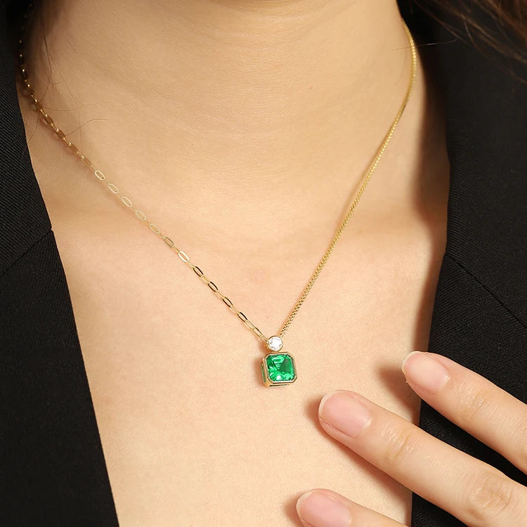 Gemfiori Trendy 3CT Square Shape Lab Grown Emerald Real Gold Chains Jewelry 18k Solid Gold Necklace