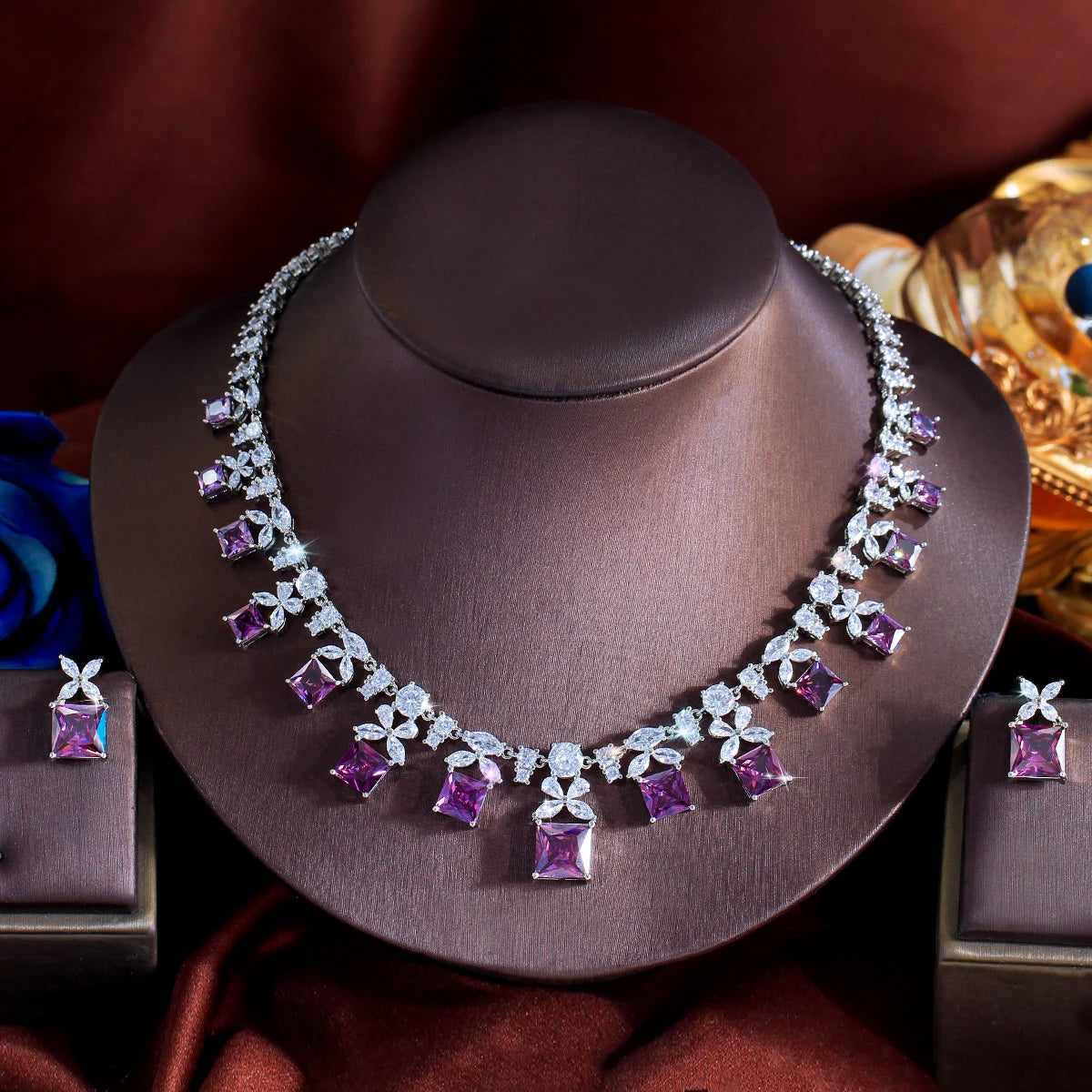 Wholesale Luxurious Designs Square Cubic Zircon Bridal Purple Jewelry Set for Women Anniversary Wedding Party Dress Accessories