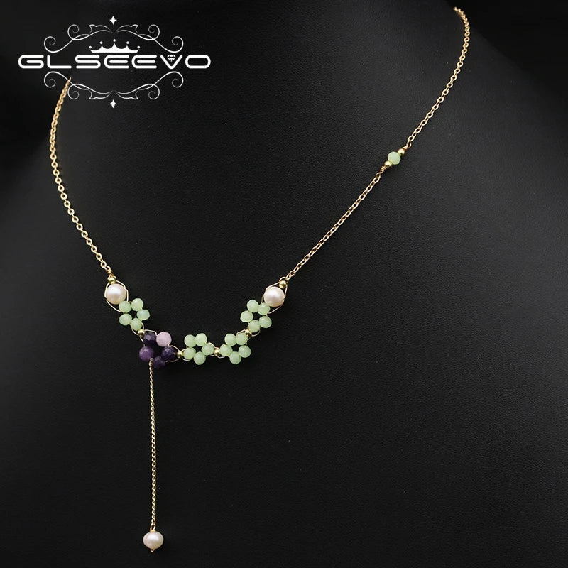Natural Freshwater Pearl Amethyst Green Jade Flower Pendant Necklace Gold Plated Chain Beaded Trendy Necklace Women's Jewelry