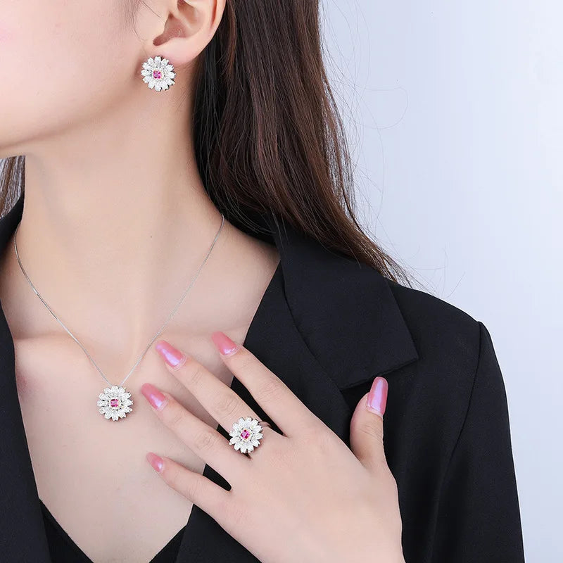 Gemfiori Retro French Luxury Niche Red Zircon Pendant Sweet Cool Geometric Fashionable and Exquisite Set