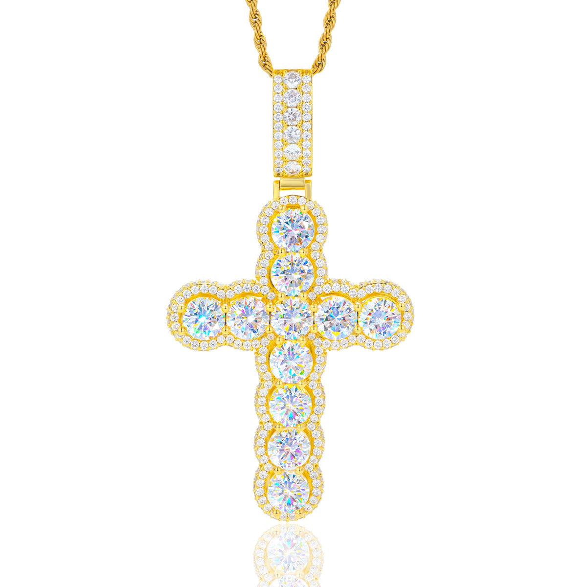REBEL Luxury Christian Jewelry Hip Hop Cuban Link Chain Gold Plated AAAAA CZ Diamond Iced Out Halo Cross Pendant for Men Women