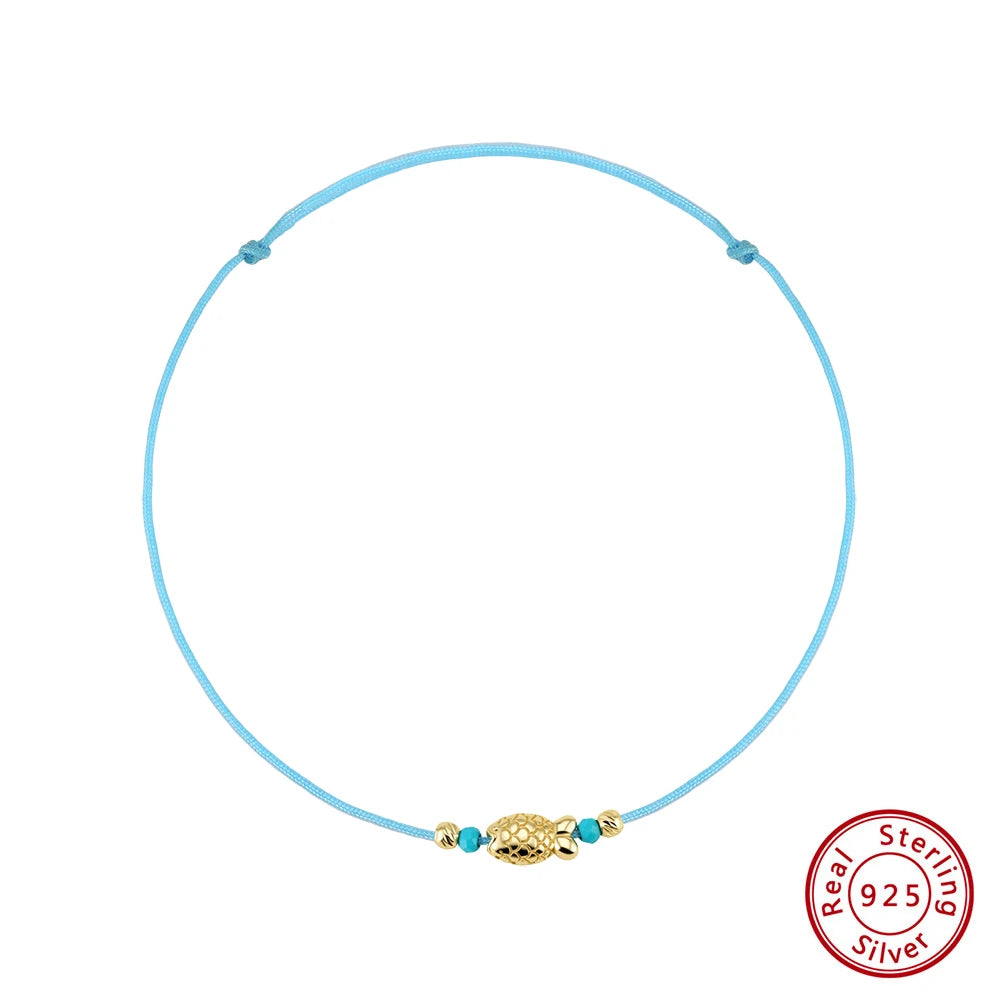 RINNTIN SA99 Wholesale Fine Jewelry Custom 925 Sterling Silver 14K Gold Plated Fish Charm Blue Rope Anklets Jewelry for Women