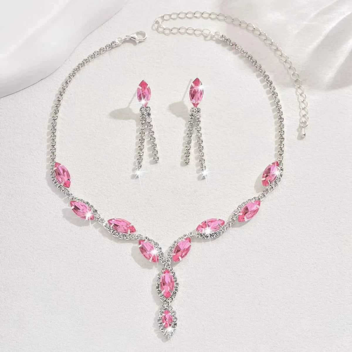 XM S375 Silver Plated Marquise Cut Zircon Floral Statement Necklace & Tassel Drop Earrings Set