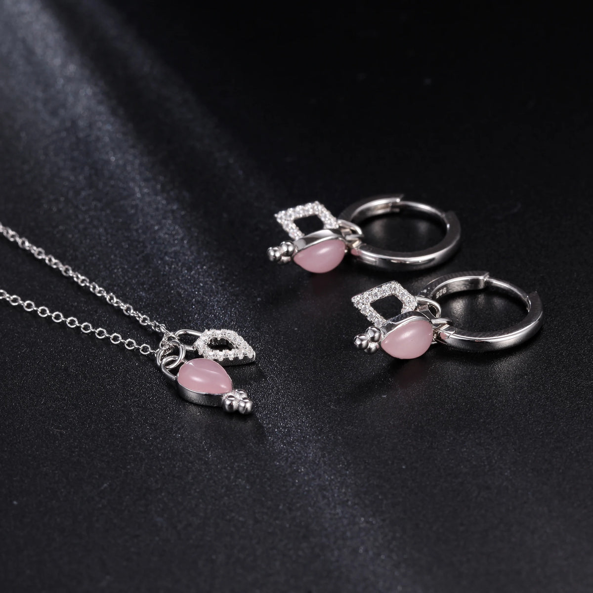 ArtistA OL0875 Abiding Natural Gemstone 925 Sterling Silver Rose Quartz Garnet Pendant Necklace Earring Jewelry Sets for Women Wedding