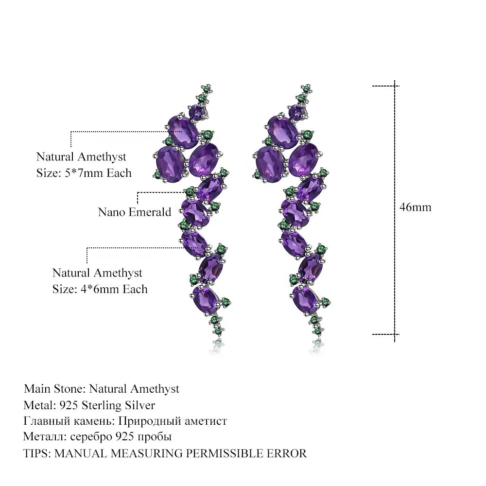 ArtistA Abding Lucky Purple Gemstone Beautiful Natural Amethyst Cluster Setting Leaf Buds Vine Long Drop Flower Tassel S925 Jewelry Set