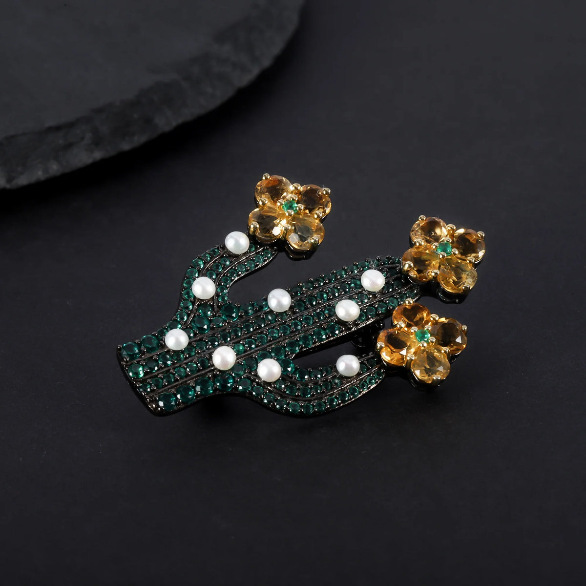 ArtistA Abiding Fine Jewelry Trendy Cactus Plant Citrine Flower Freshwater Pearl 925 Sterling Silver Brooch Pendant for Women