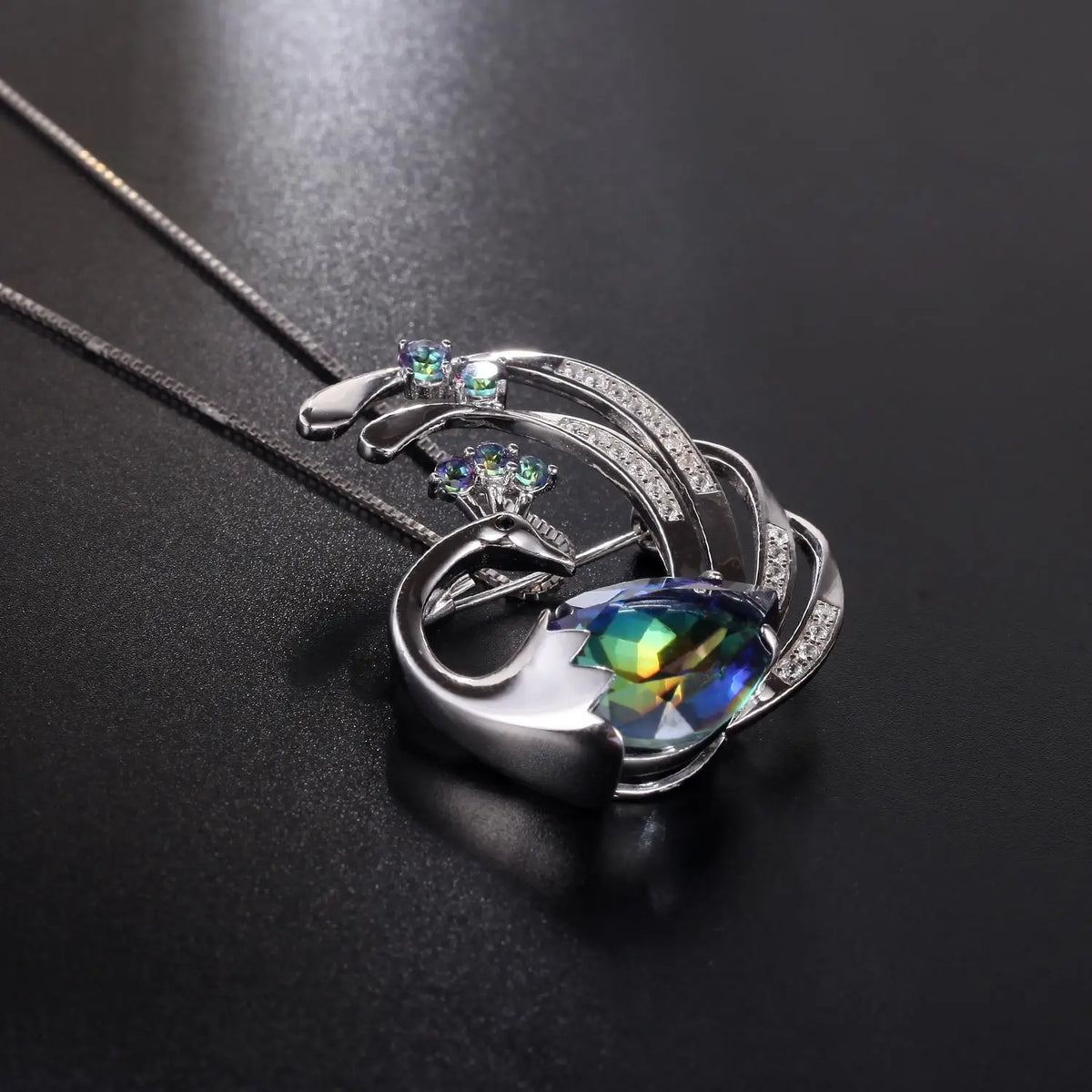 ArtistA C2979 Abiding Hot Sale Cute Design Good Price Natural Gemstone Mystic Quartz 925 Silver Two Usage Peacock Pendant Brooch Pin