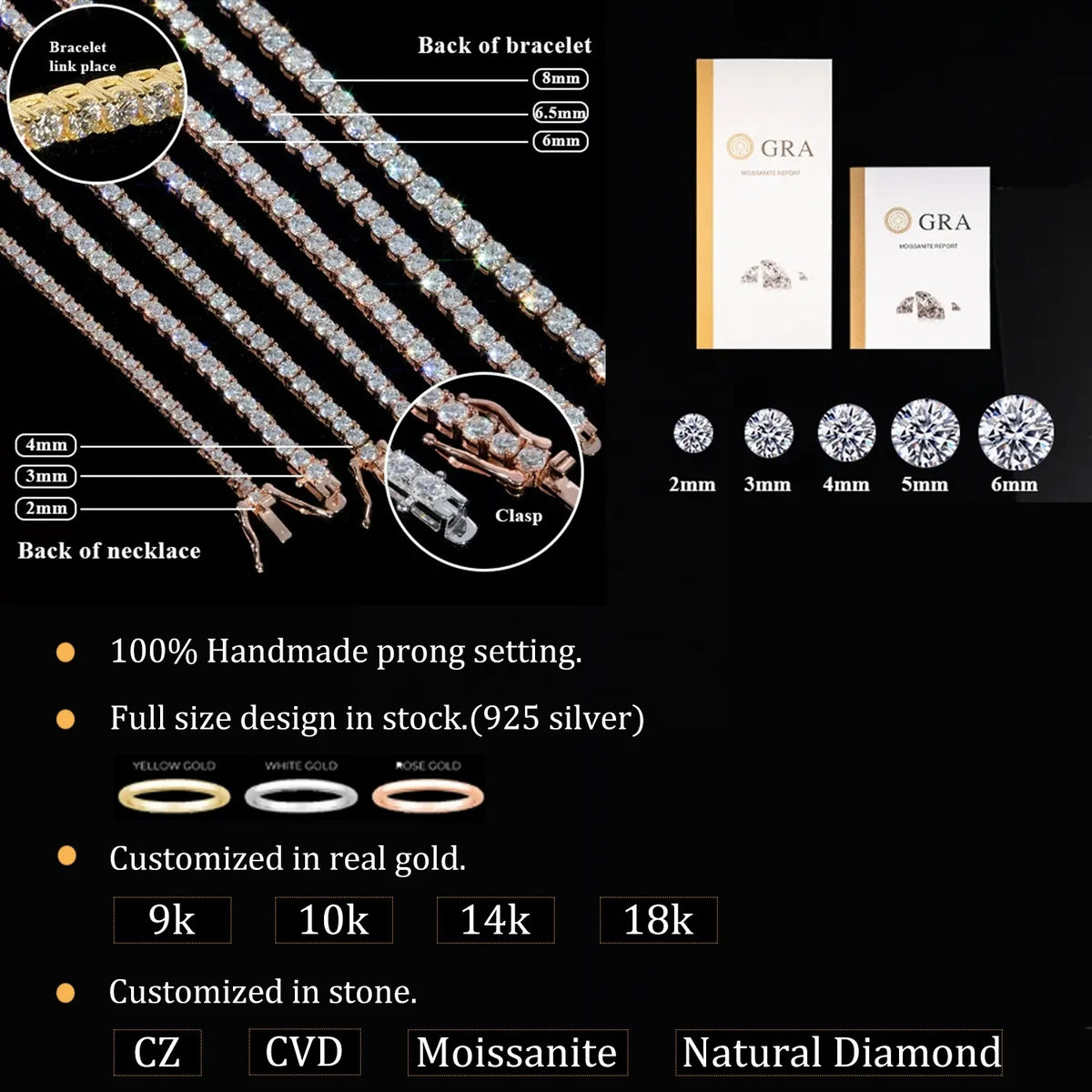 Gemfiori Iced Out D Color VVS 925 Sterling Silver 2MM 3MM 4MM 5MM 6.5MM Moissanite Diamond Necklace Tennis Chain for Men Women
