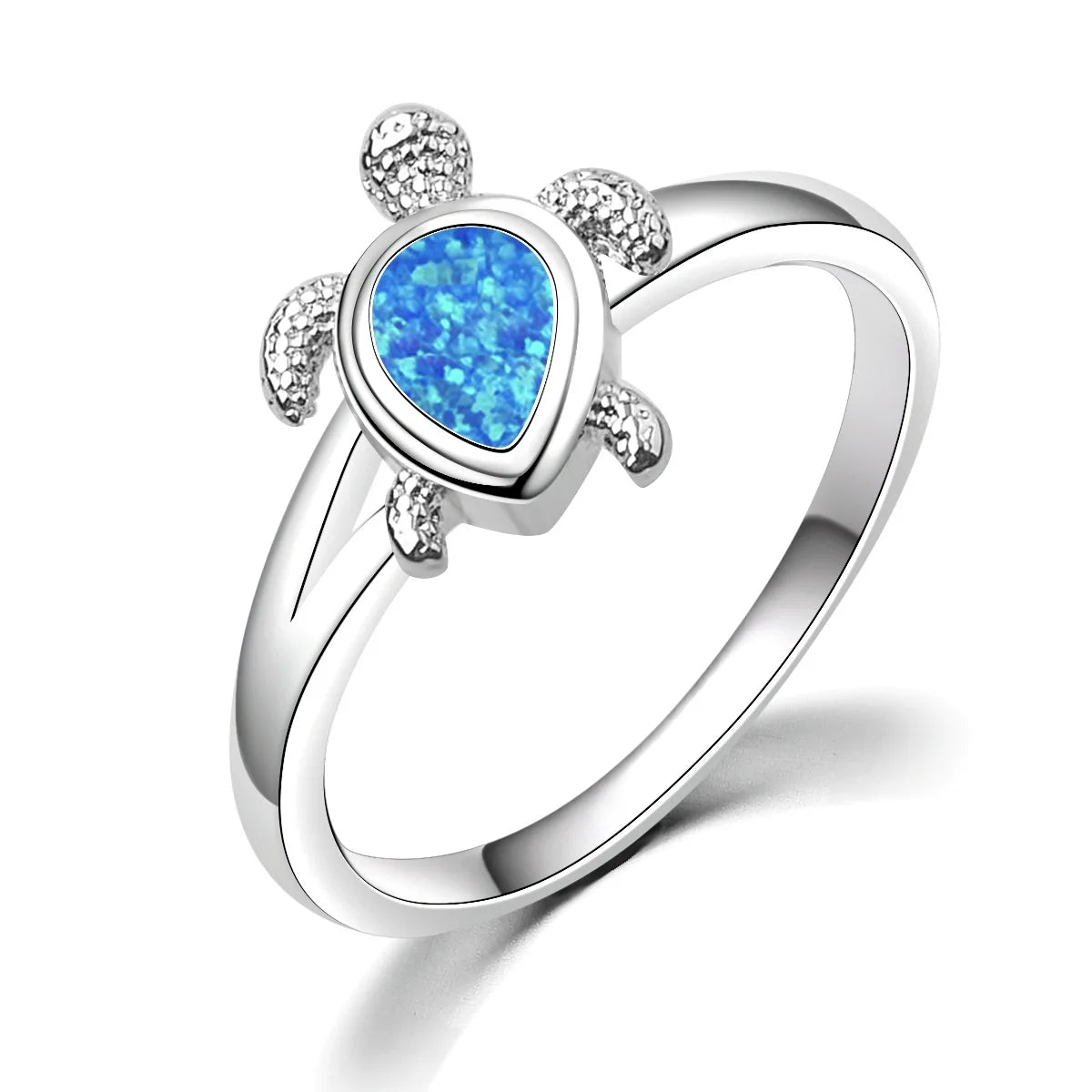 Modern Christian New Trendy Hawaiian Ocean Turtle Lab Created Opal Inlay Silver Plated Ring Sparkling Gem Jewelry Brass Material