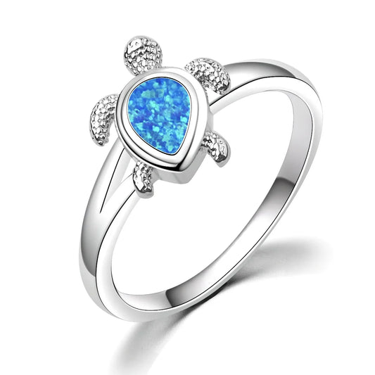 Modern Christian New Trendy Hawaiian Ocean Turtle Lab Created Opal Inlay Silver Plated Ring Sparkling Gem Jewelry Brass Material