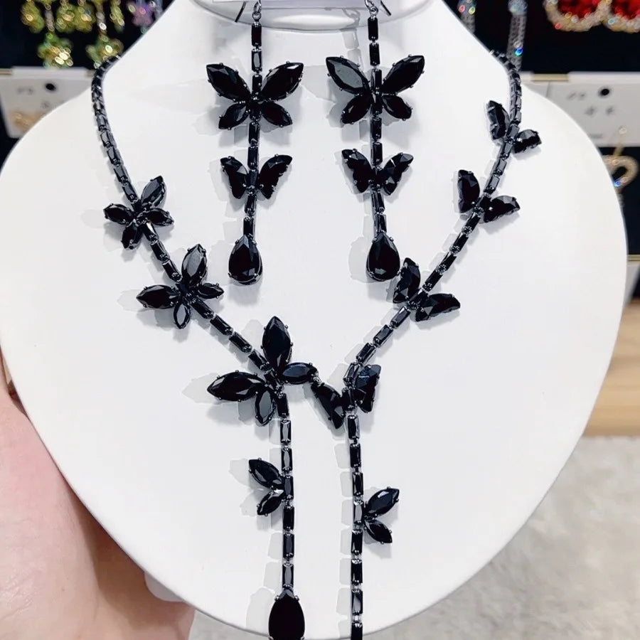 K029 High End Fashion Luxurious Exquisite Black Zircon Butterfly Necklace and Earrings Set Women Classic Jewelry Set