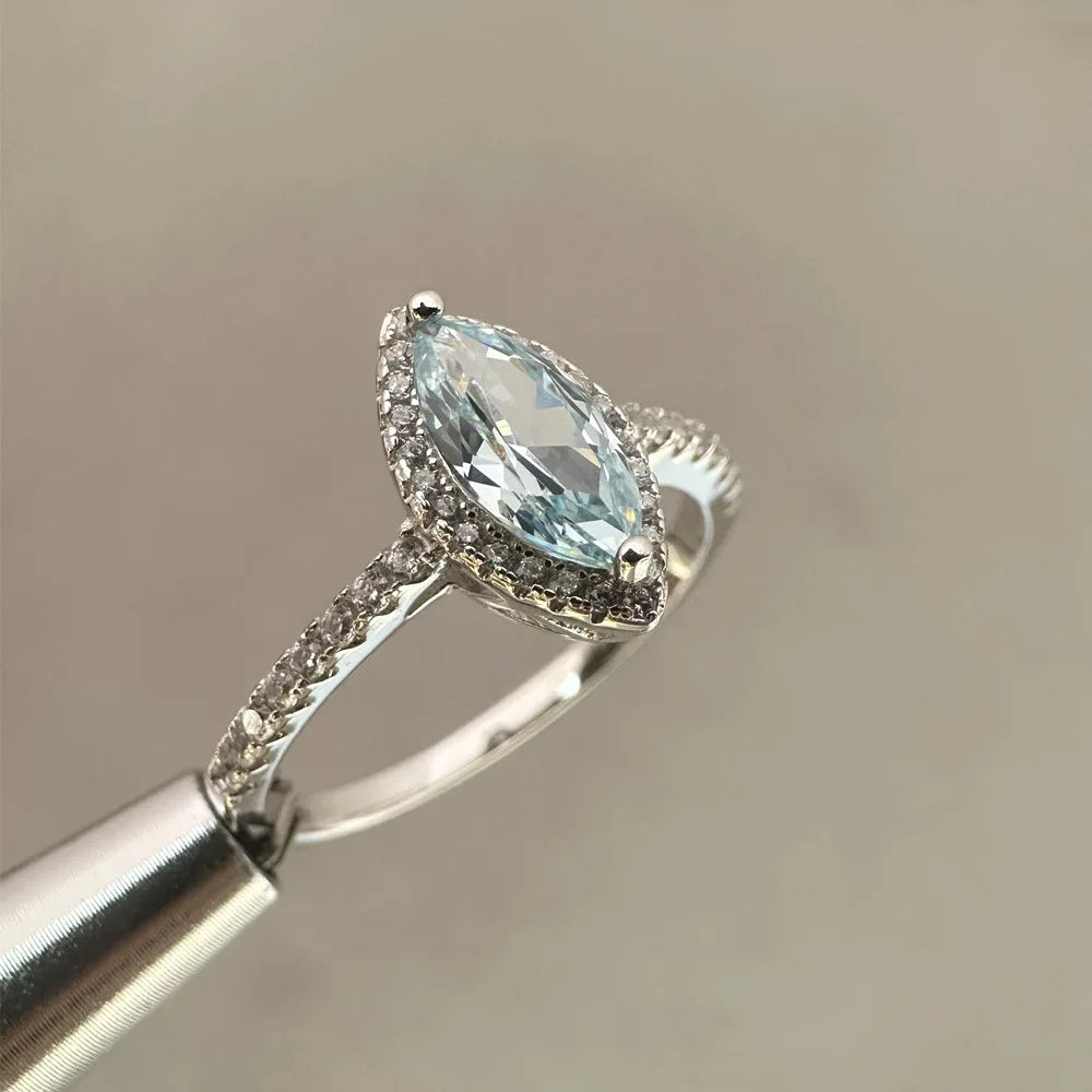 MuShan Jewelry Factory New 5 * 10 Horse Eye Sea Blue Diamond Ring Women High Carbon Diamond S925 Pure Silver Full Diamond Ring