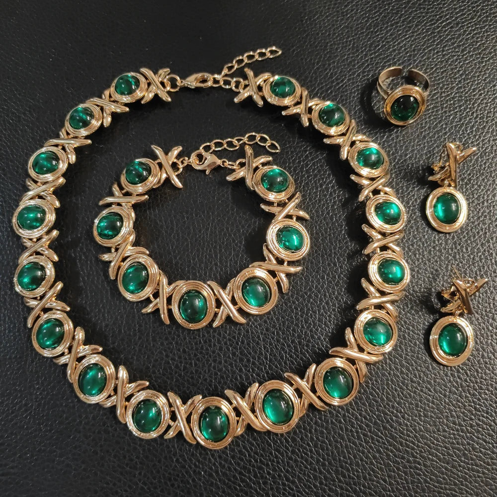 Zhuerrui Classic and Fashionable XO Women's Jewelry Set, High-end Emerald, Elegant and Romantic African Couple JewelryX0305
