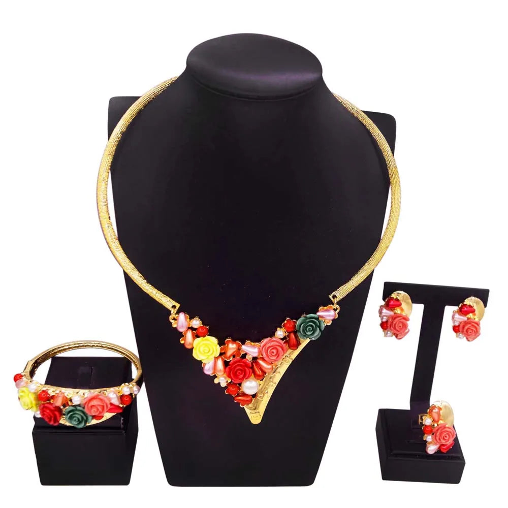Zhuerrui Italian Gold Luxury Wedding Jewelry Sets Multi Color Flowers Necklace Bracelet Jewellery Set High-end Luxury H00707