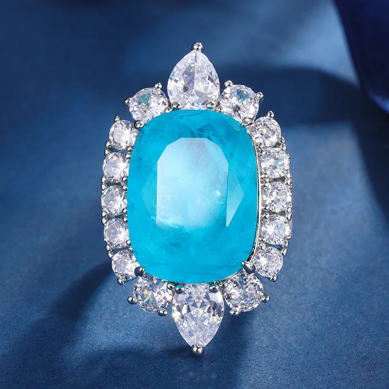 Gemfiori Light Luxury Niche High-end Jewelry Ice Flower Crack Blue Zirconium Pendant Ring Set Creative and Personalized Design