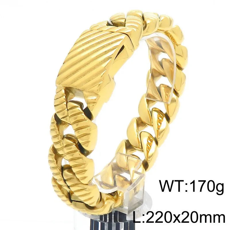 KALEN Vintage Fine Jewelry Fashion Bracelets Men Stainless Steel Striped Cuban Links Bracelet Bangle
