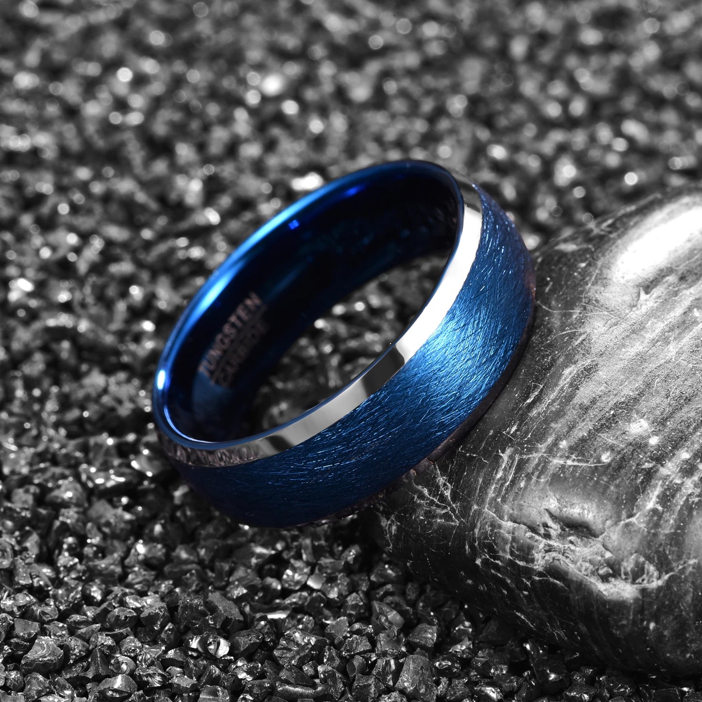 8mm width handmade chamfer bright edges thousand silk effect plated blue men's or women's unisex tungsten steel ring jewelry