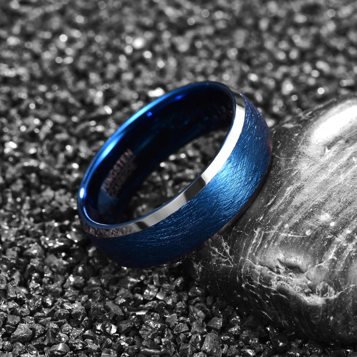 8mm width handmade chamfer bright edges thousand silk effect plated blue men's or women's unisex tungsten steel ring jewelry