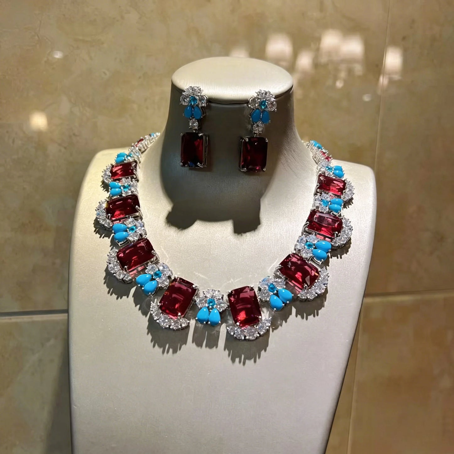 XM S406 Marquise Zircon Floral Choker Necklace & Drop Earrings Set