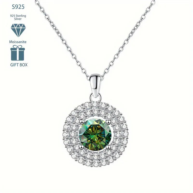 Dainty Double Halo Set Round Cut 1ct VVS GRA Colored Moissanite Jewelry Trendy 925 Sterling Silver Disc Pendant Necklace