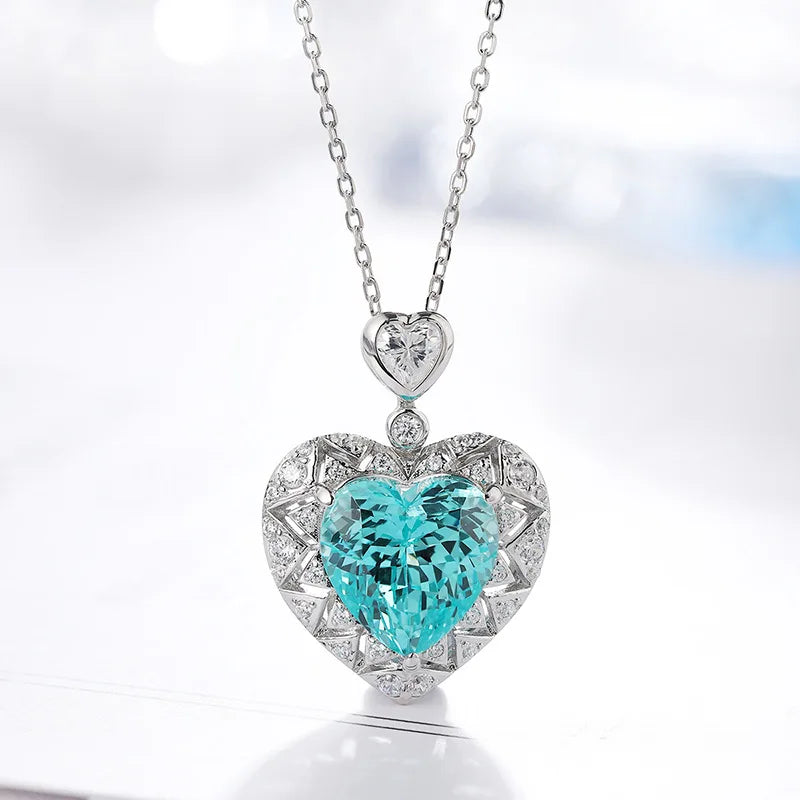 Gemfiori Fashionable High-End Paraba Heart-Shaped Pendant S925 Silver Bead Chain Necklace for Women 85-Carat Center Stone