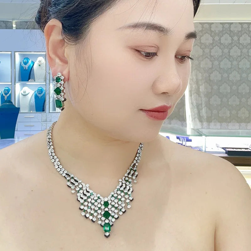 Ladies' Wedding Vintage Rococo Wave Flower Shaped Brass Necklace Earrings 2-piece Set Black Enamel Zirconia Jewelry