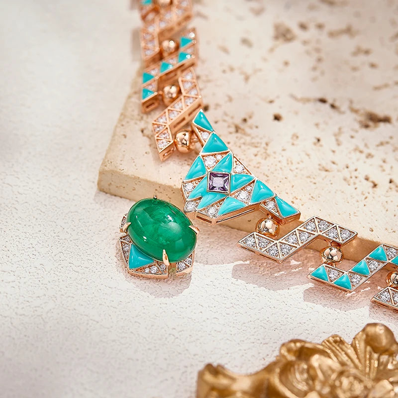 Bohemian Style Enamel Green Zirconium Necklace Earrings Two-piece Set Rose Gold Gold-plated High-quality Wedding Jewelry