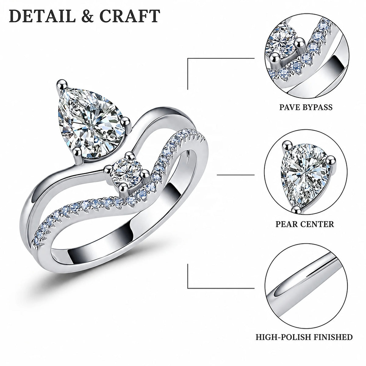 Gemfiori Unique Two Row Crossover Lab Grown Diamond Ring 1CT D VVS1 Pear Cut 9K/10K/14K/18K/PT950 Real Gold Women Premium Fine Jewelry