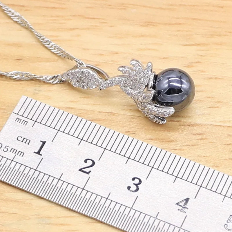 XOTICA Black Freshwater Pearl Sterling Silver Classic Bridal Jewelry Sets for Women Earrings Necklace Pendant Ring Bracelet Wedding