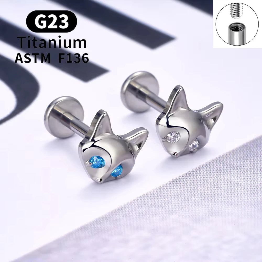 G23 Titanium Triangle Heart Fox Tragus Cartilage Helix Daith Piercing Stud Earrings for Women 16G CZ Ear Stud Pierc Body Jewelry