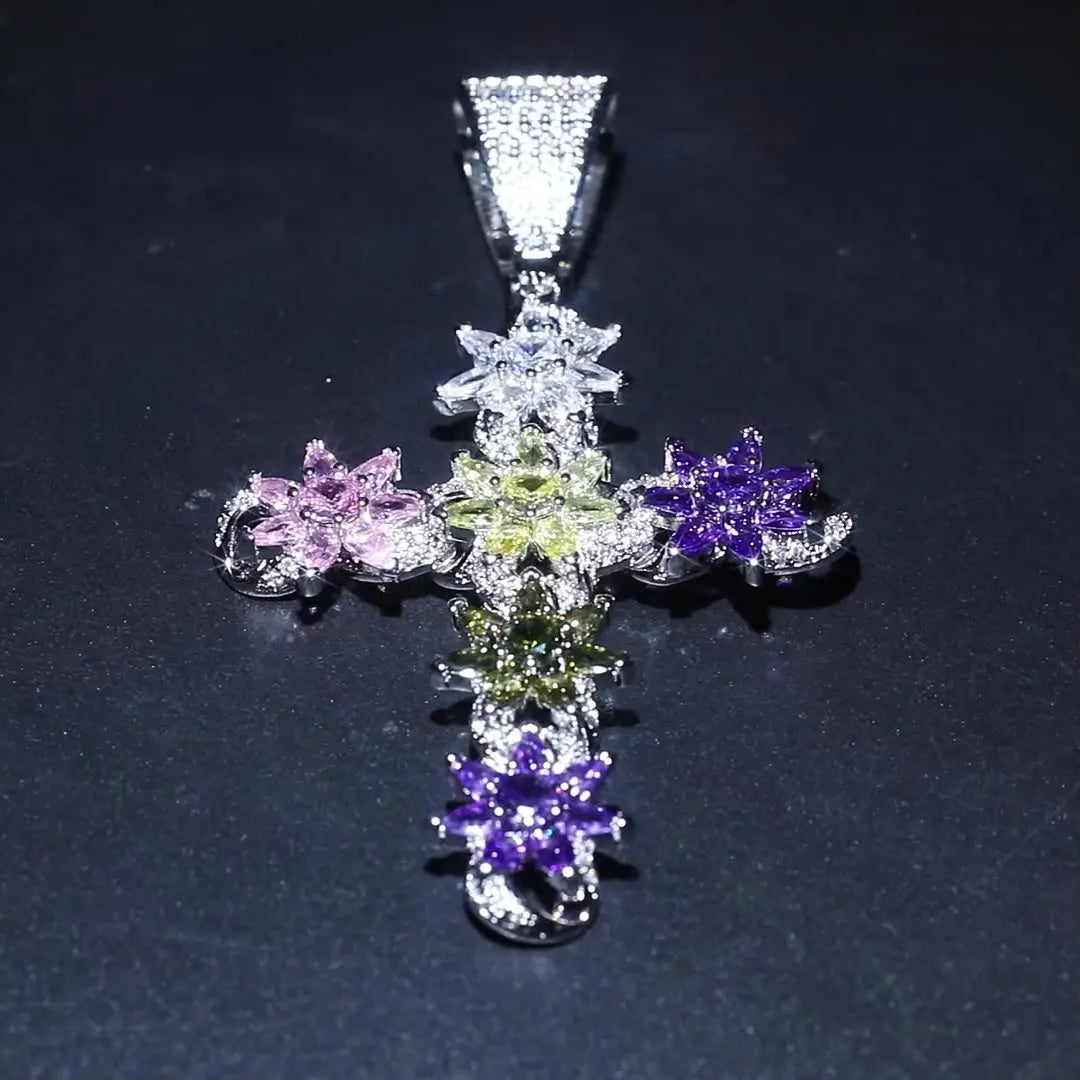 Luxury Multi-colored Zircon Large Cross Necklace 8.7cm Statement Cross Pendant Lariat Sweater Chain Hip-Hop Necklace
