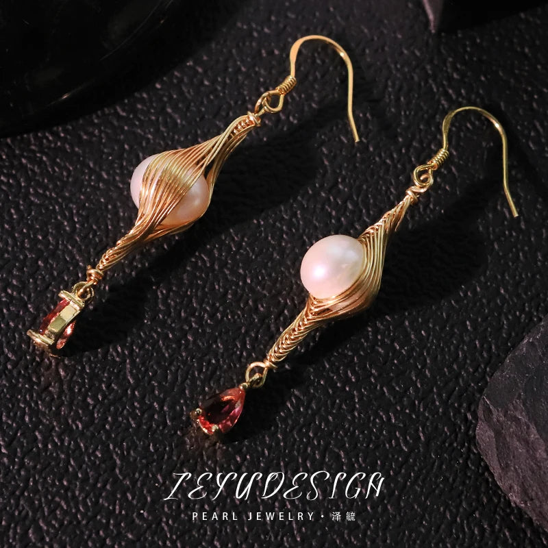 Natural Freshwater Pearl Zircon Wire Wrapped Earrings New 18k Gold Plated Earrings Banquet Gift Women's Jewelry GE1801