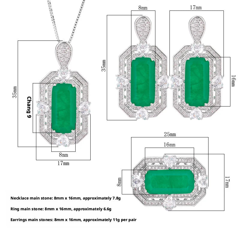 High Quality Eco-friendly Copper 8*16MM Emerald Green Cubic Zirconia 3 Piece Wedding Bridal Ring Necklace Set for Party