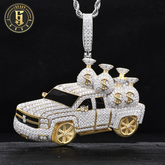 High Quality Hip Hop Jewelry 18K Gold Plated Brass AAAAA CZ Diamond Iced Out Pickup Truck Pendant with Money Bags