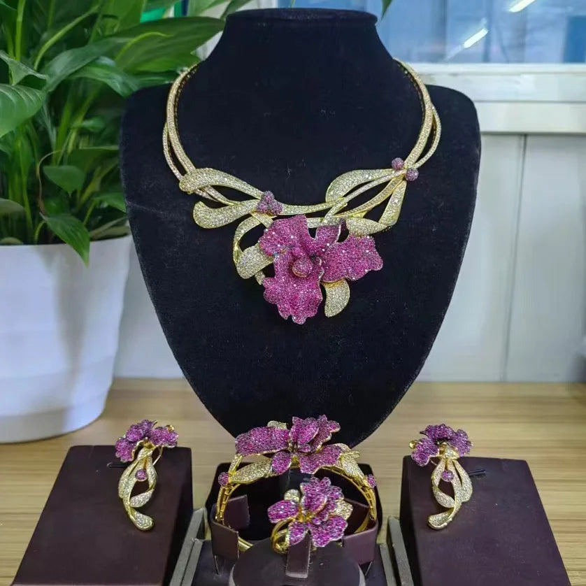 Zhuerrui Luxury Cubic Zirconia Jewelry Set American Diamond Flowers Jewelry Sets Necklace Bracelet Earrings Ring Jewellery Set