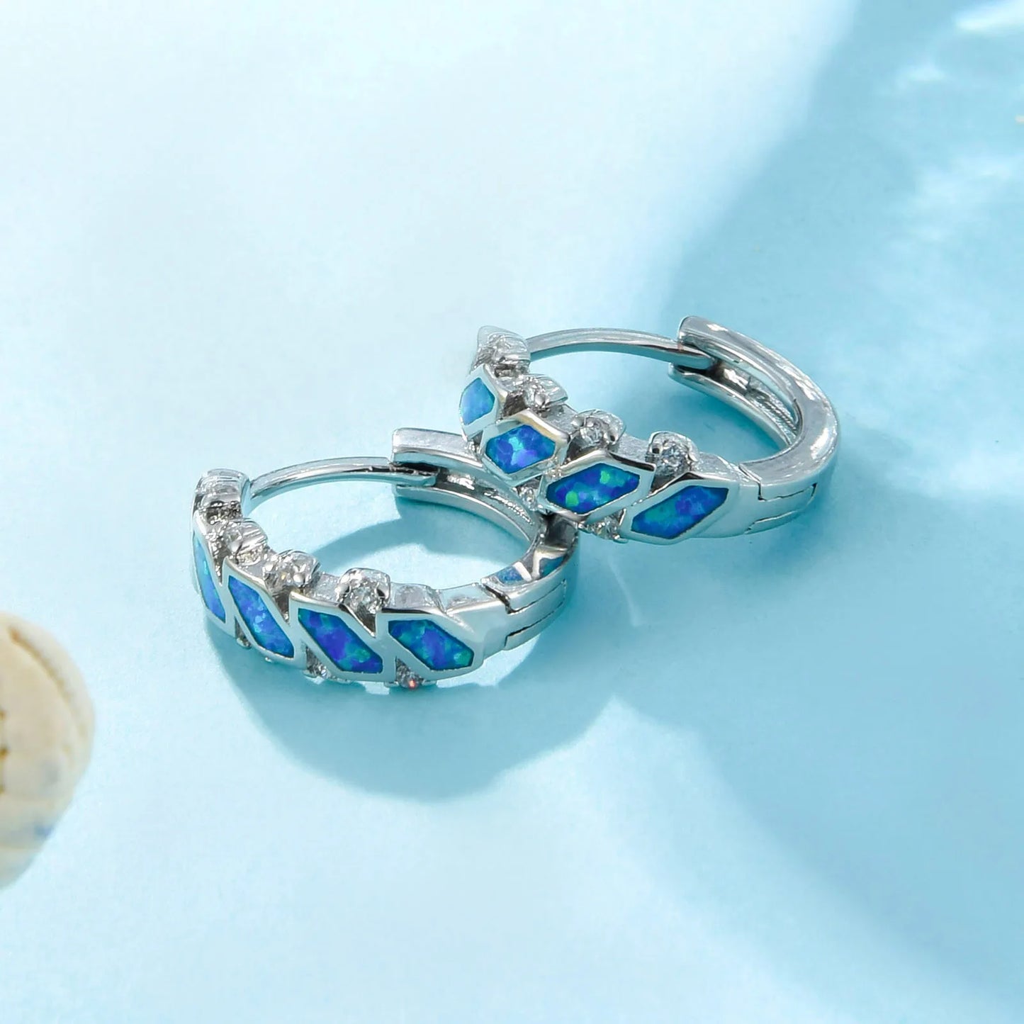 Geometric Mosaic Opal Huggie Hoops - Blue Fire Opal & CZ Accent Grid Design | Chic Daily Jewelry Bulk Gifts