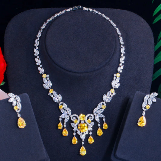 High Quality Cubic Zirconia Nigeria Tassel Necklace and Earrings Luxury Wedding Brides Yellow Jewelry Sets for Women Party