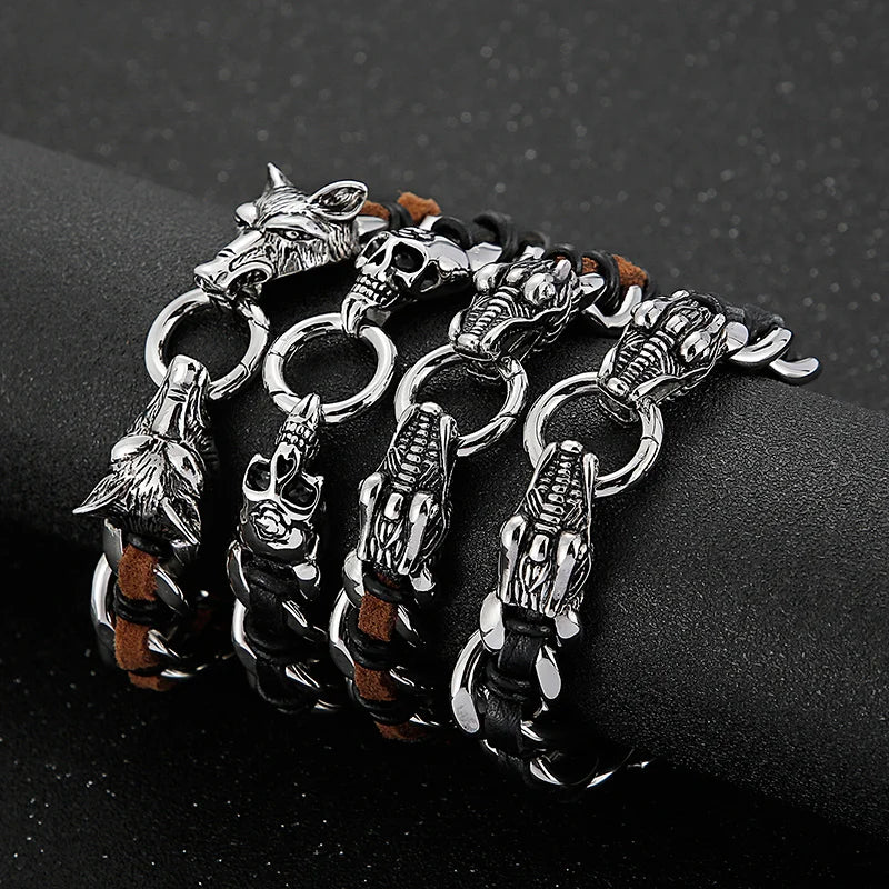 REBEL Fashion Mens Fashion Punk Stainless Steel Leather Dragon/Wolf Link Chain Bracelet