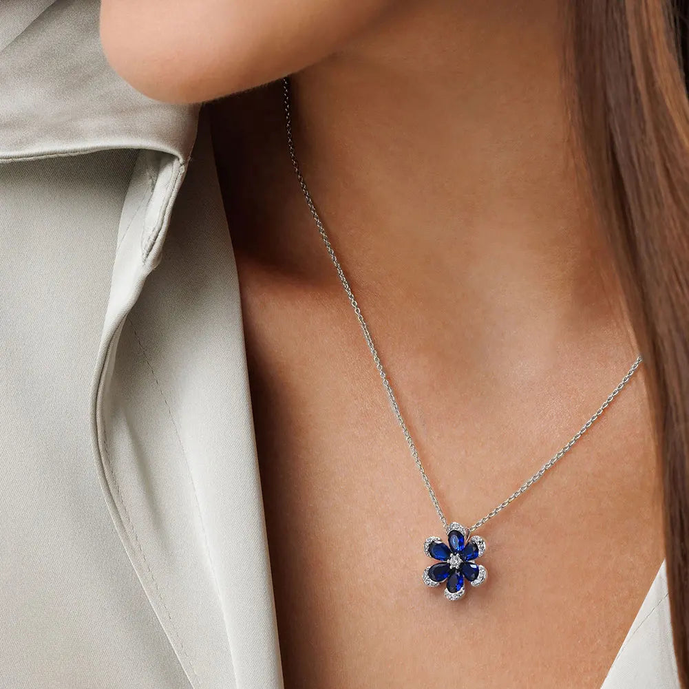 RI SILVERELLI- LZE21 LZN17 LZB03 Sapphire Flower Zirconia Pendant Series 925 Sterling SilverJewelry Set Necklace Earrings Bracelet