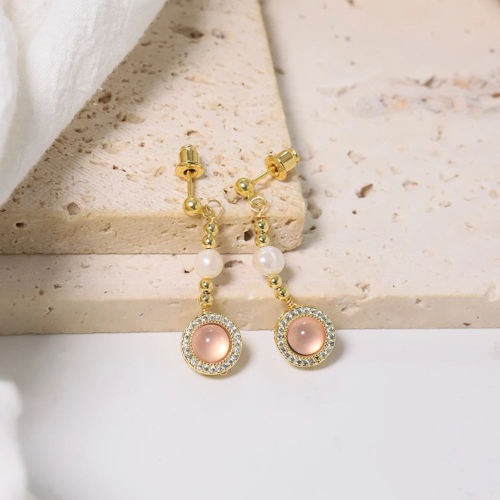 Natural Freshwater Pearl Inlaid Pink Crystal Gold Bead Earrings Korean Style Women Luxury Jewelry Fashion Ladies Gift GE1548