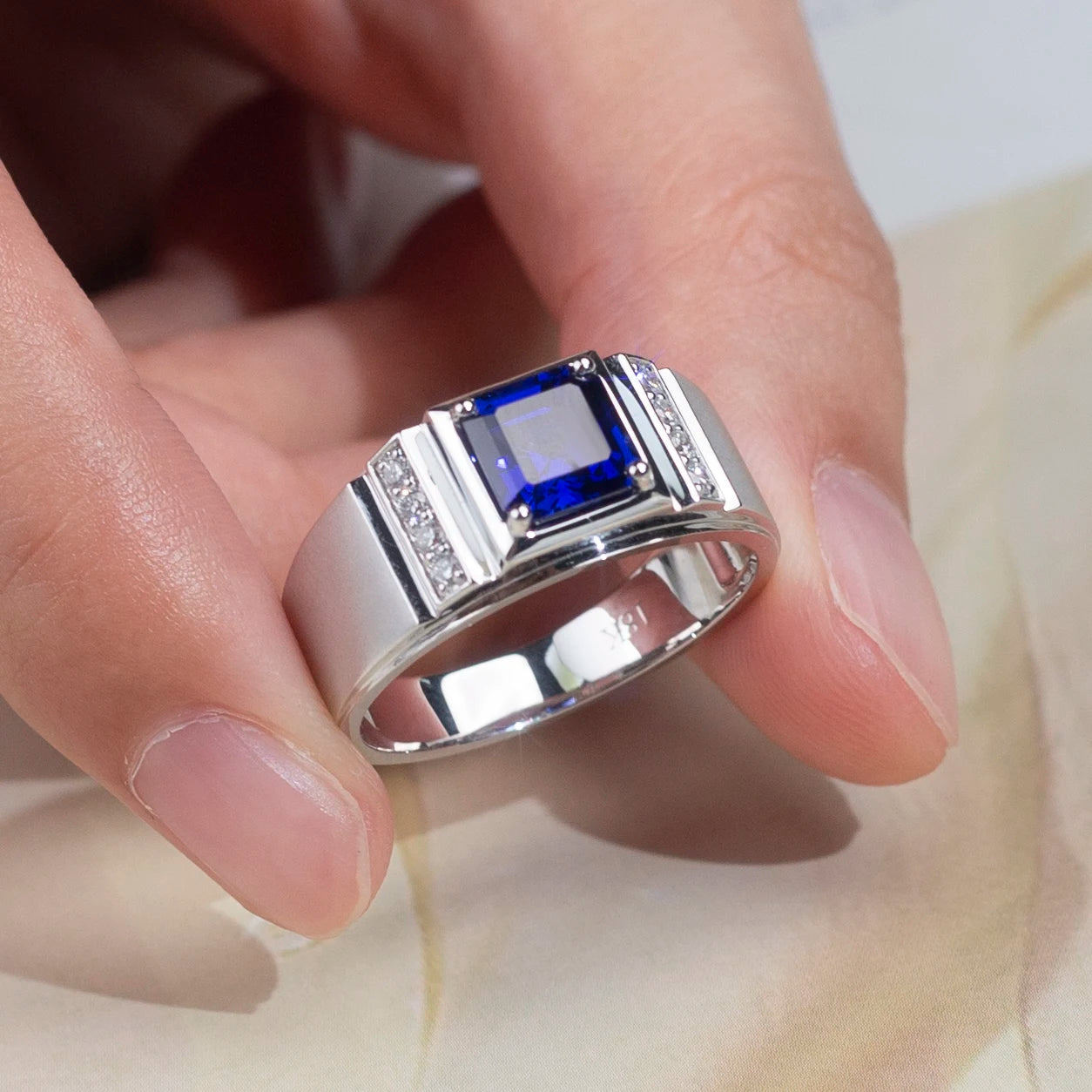 Messi Jewelry MSR-1187 Custom 18K White Gold Asscher Lab Sapphire Gemstone Men Rings