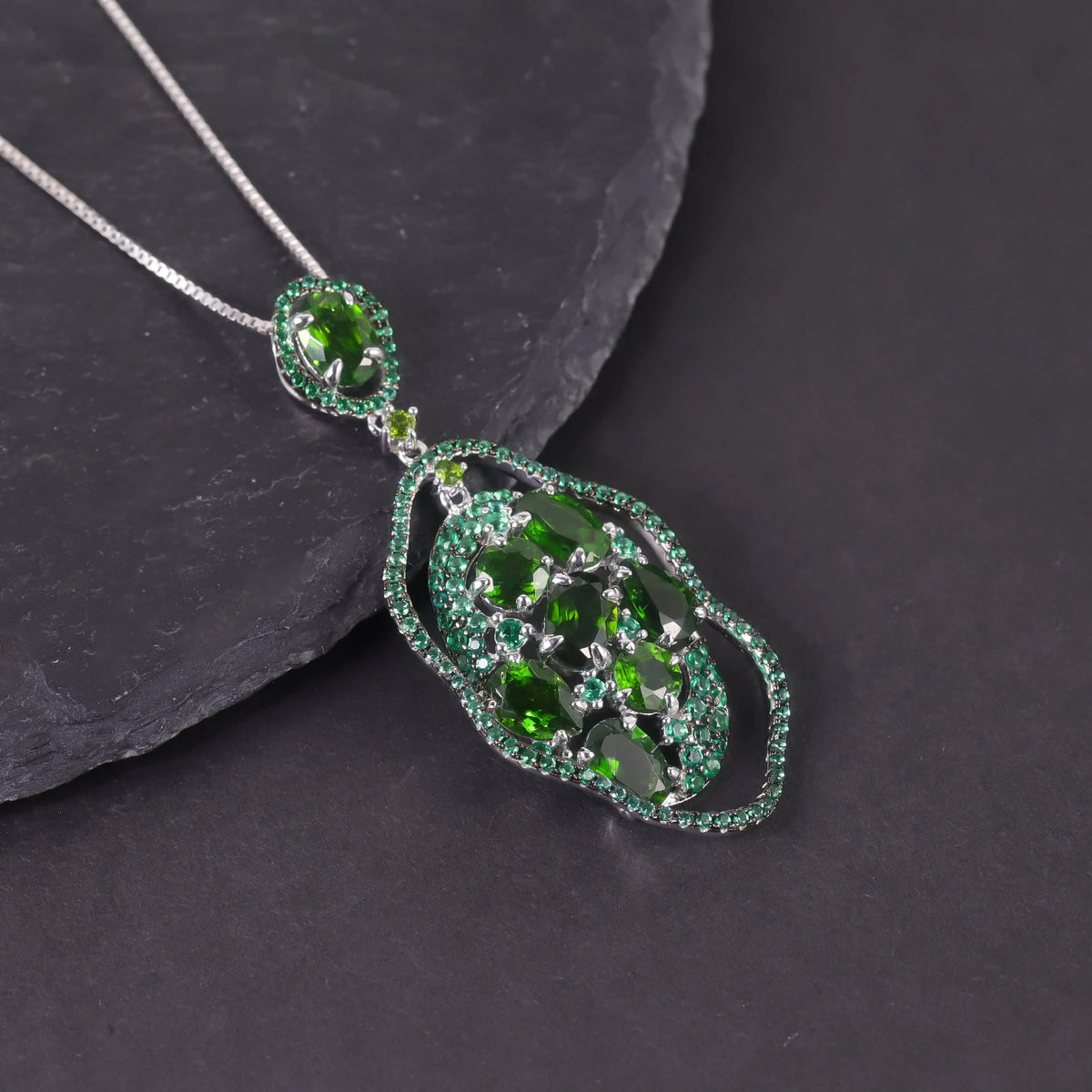 S&S Chrome Diopside & Emerald Green Nano Fine Jewellery Set | 925 Silver Rhodium Plated | Oval Cut | S&S Collection