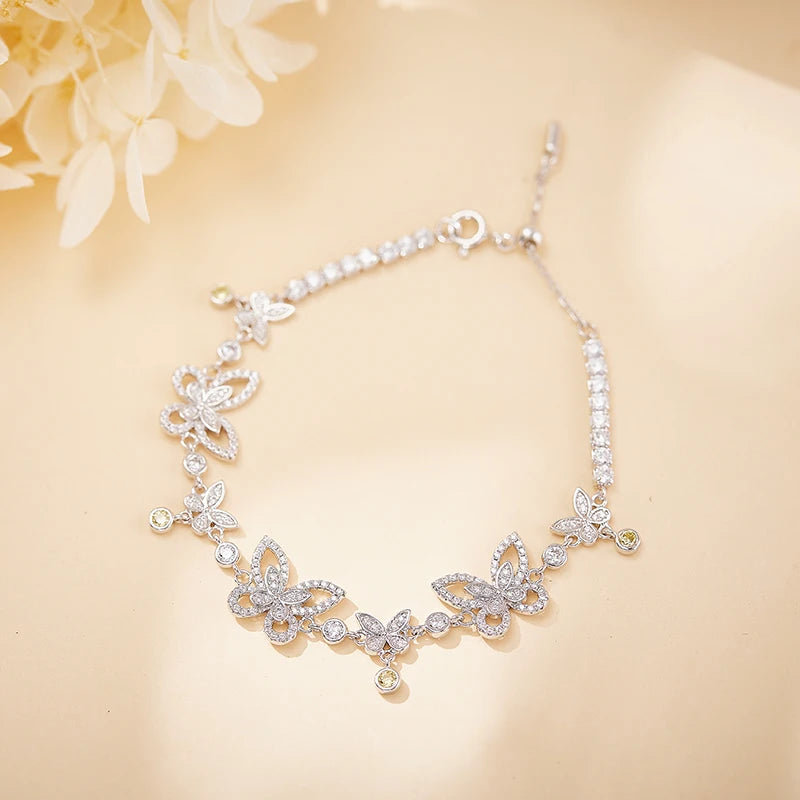 Brass Plated Gold Inlaid Zircon Colorful butterfly Necklace Earrings Bracelet Women's Banquet High-end Suit