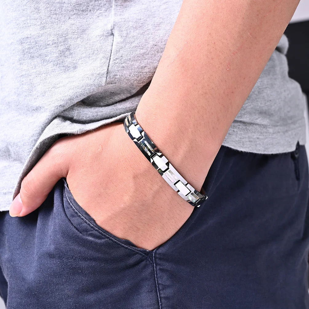 Factory Simple Tungsten Steel Ceramic Bracelet for Men Epoxy Resin Wood Shell Inlay High Polish Export Jewelry Gift Supplier