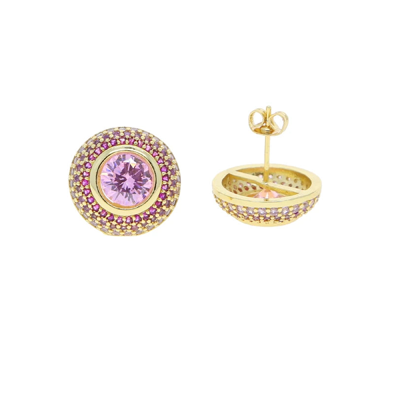 Colorful Gradient Round CZ Stud Earring 5A Cubic Zirconia Bling Women Fashion Pink Blue Purple Crystal Jewelry